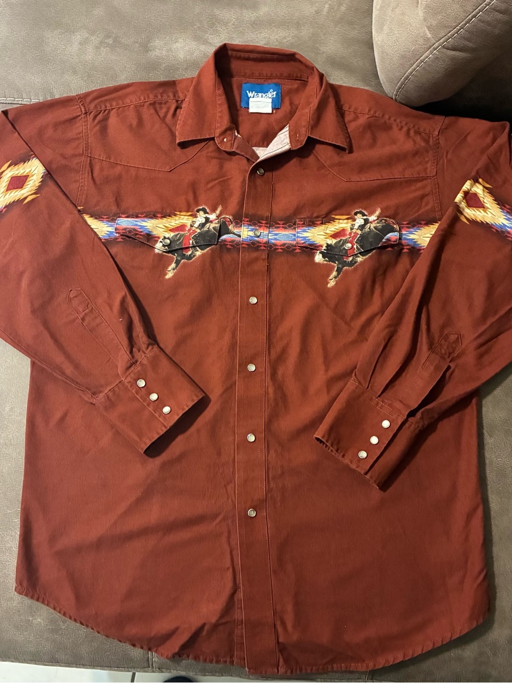 Wrangler Western Pearl Snap Rodeo Bull Aztec Mens XL Long Sleeve Button Up Shirt